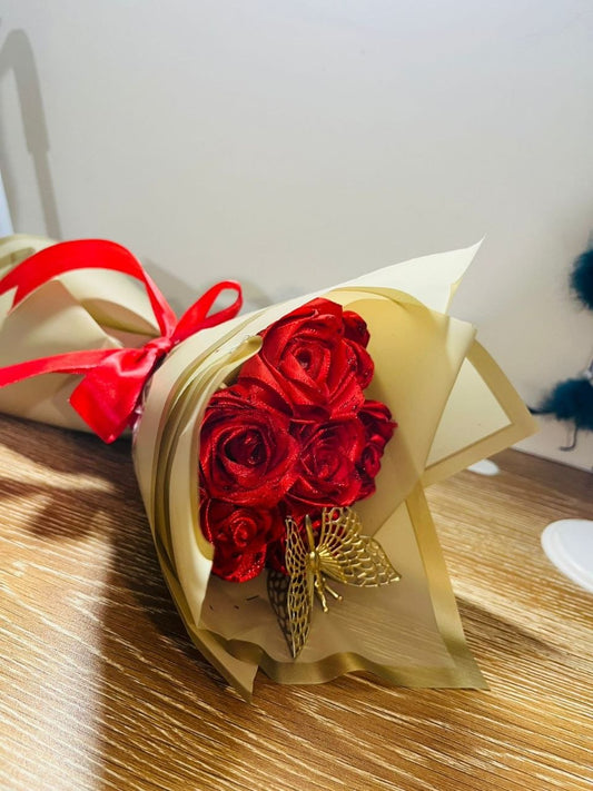 Red satin ribbon rose bouquet