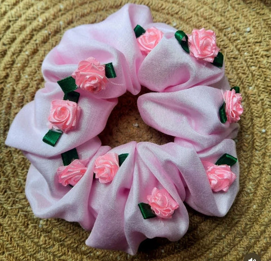 Pink Rose Scrunchie | Floral Hair Accessory | Handmade Hair Tie