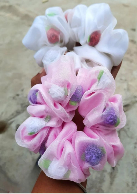 Organza Rose Scrunchie – Elegant Floral Hair Accessory